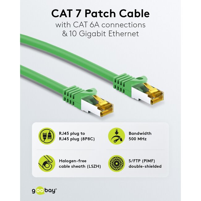 Goobay RJ45 Patch Cord CAT 6A S/FTP (PiMF), 500 MHz, with CAT 7 Raw Cable, 3 m, Green, Set of 10