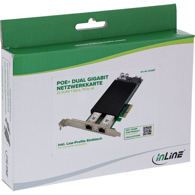 InLine® Dual Gigabit netwerkkaart, 2x RJ45 1 Gb/s, PCIe x4, PoE+