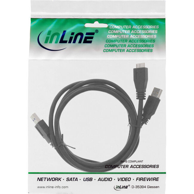 InLine® USB 3.2 Gen.1 Y-kabel, 2x A naar Micro B, zwart, 1,5m