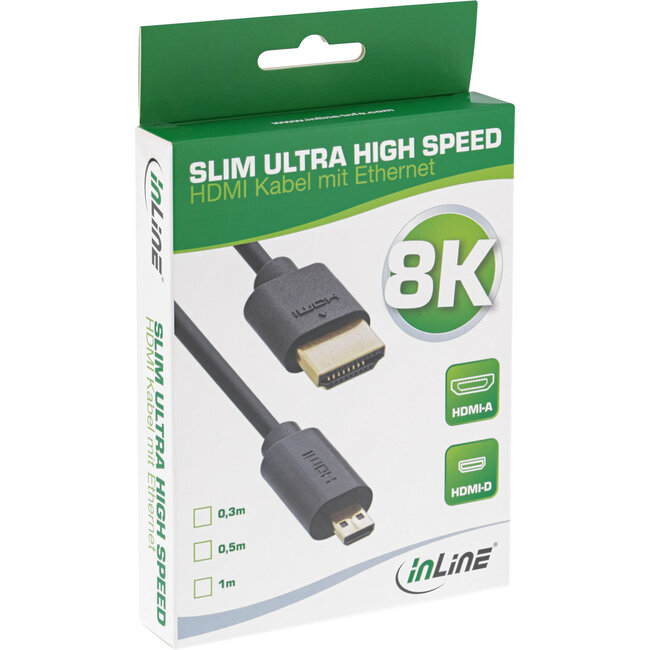 InLine® Slim Ultra High Speed HDMI kabel, 8K4K, A male / D male (Micro), 0,3m
