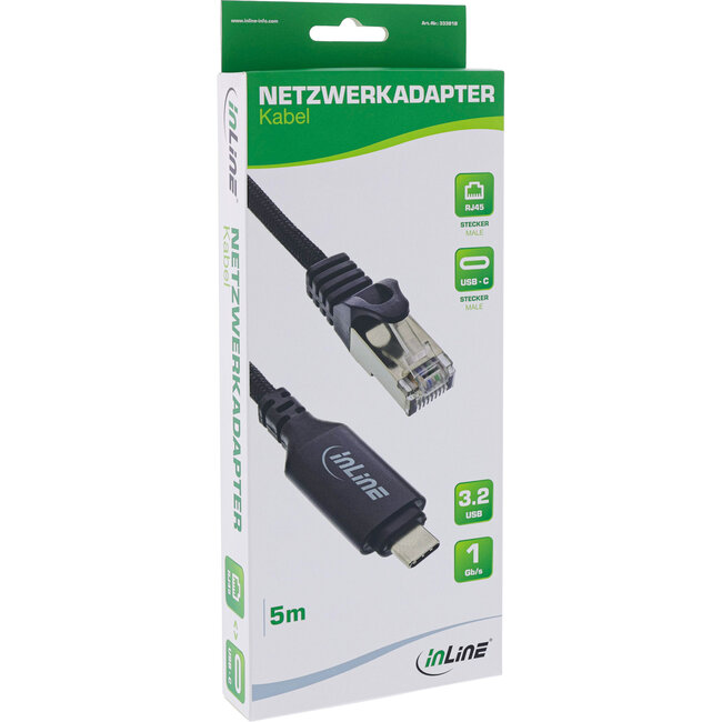 InLine® USB 3.2 netwerkadapterkabel, Gigabit, USB-C naar RJ45-plug, 5m