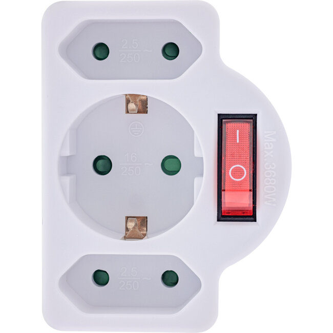 InLine® wandcontactdoosadapter, SK stekker naar 2xEuro+1x SK, met schakelaar