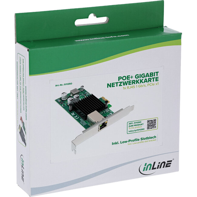 InLine® Gigabit netwerkkaart, 1x RJ45 1 Gb/s, PCIe x1, PoE+