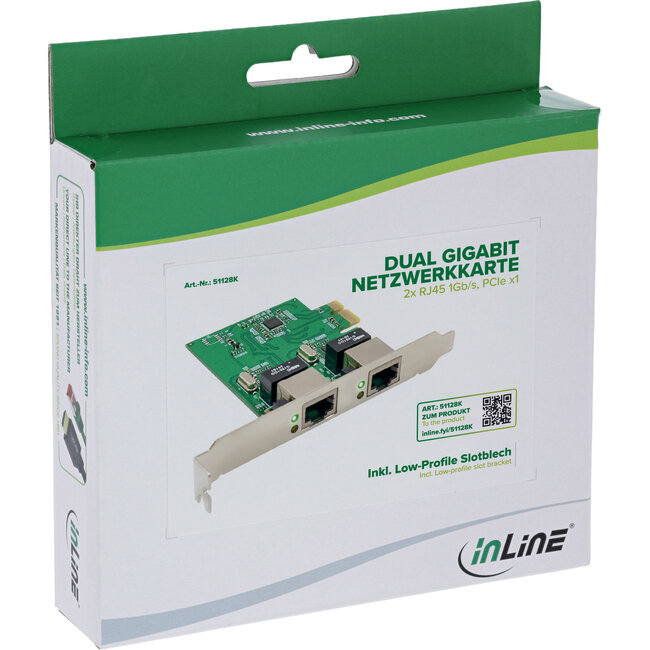 InLine® Dual Gigabit netwerkkaart, 2x RJ45 1Gb/s, PCIe x1, LP slot bracket