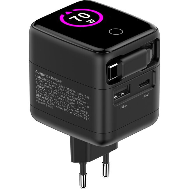 InLine® USB-voeding, 70W, GaN, USB-C PD + USB-A QC, kabel 60cm, zwart
