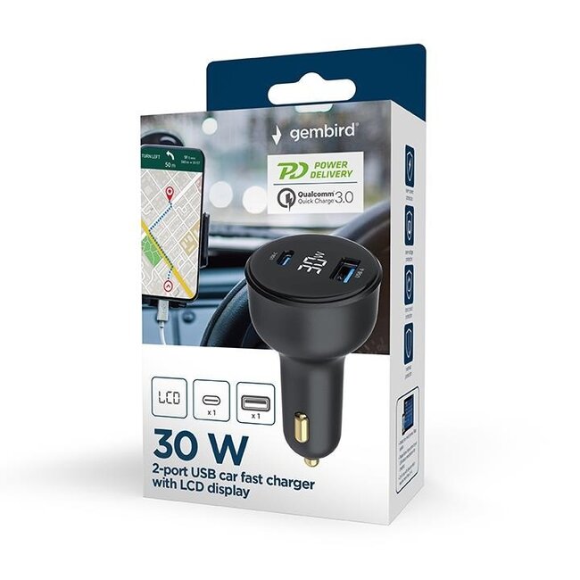 Gembird USB autolader met display | USB-C PD en USB-A QC | 30W