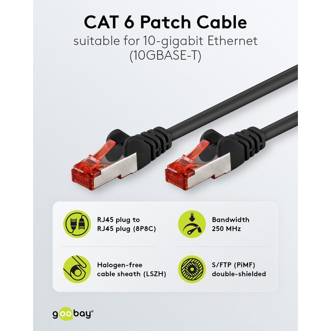 Goobay CAT 6 Patch Cable S/FTP (PiMF), 2 m, black, Set of 5