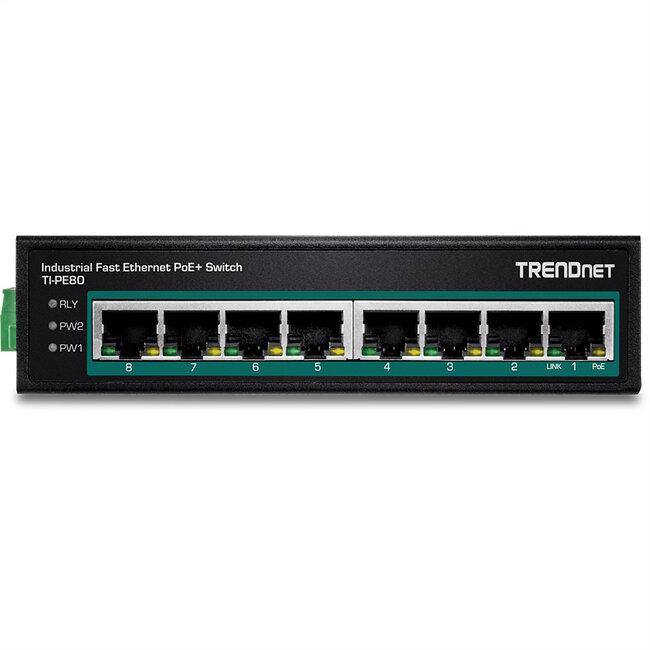 TRENDnet TI-PE80 Industriële Fast Ethernet PoE+ DIN-rail Switch 8-poorts