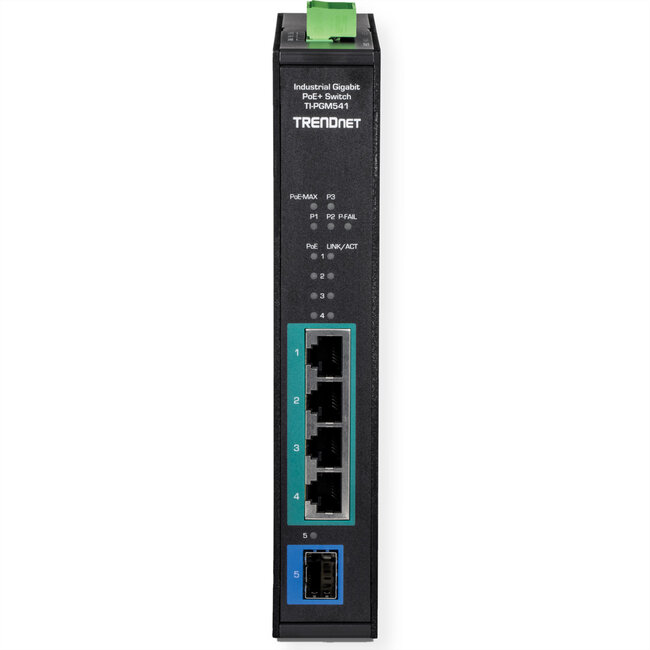 TRENDnet TI-PGM541 5-poorts Rail Switch Industrieel Gigabit PoE+, zwart