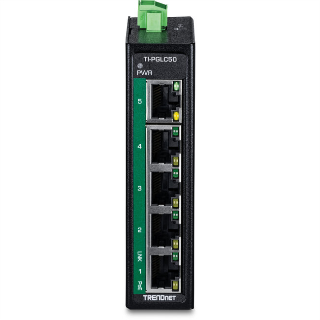 TRENDnet TI-PGLC50 5-poorts Gigabit PoE+ industriële DIN-rail Mini Switch