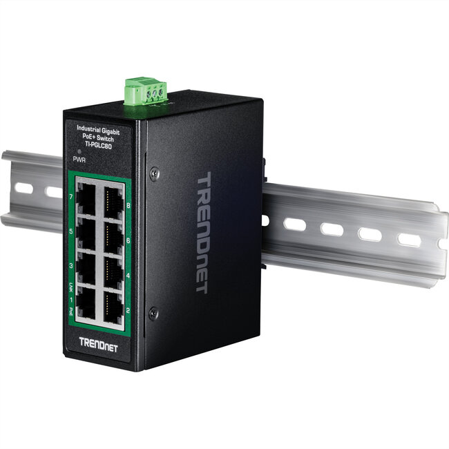 TRENDnet TI-PGLC80 8-poorts Gigabit PoE+ industriële DIN-rail Mini Switch