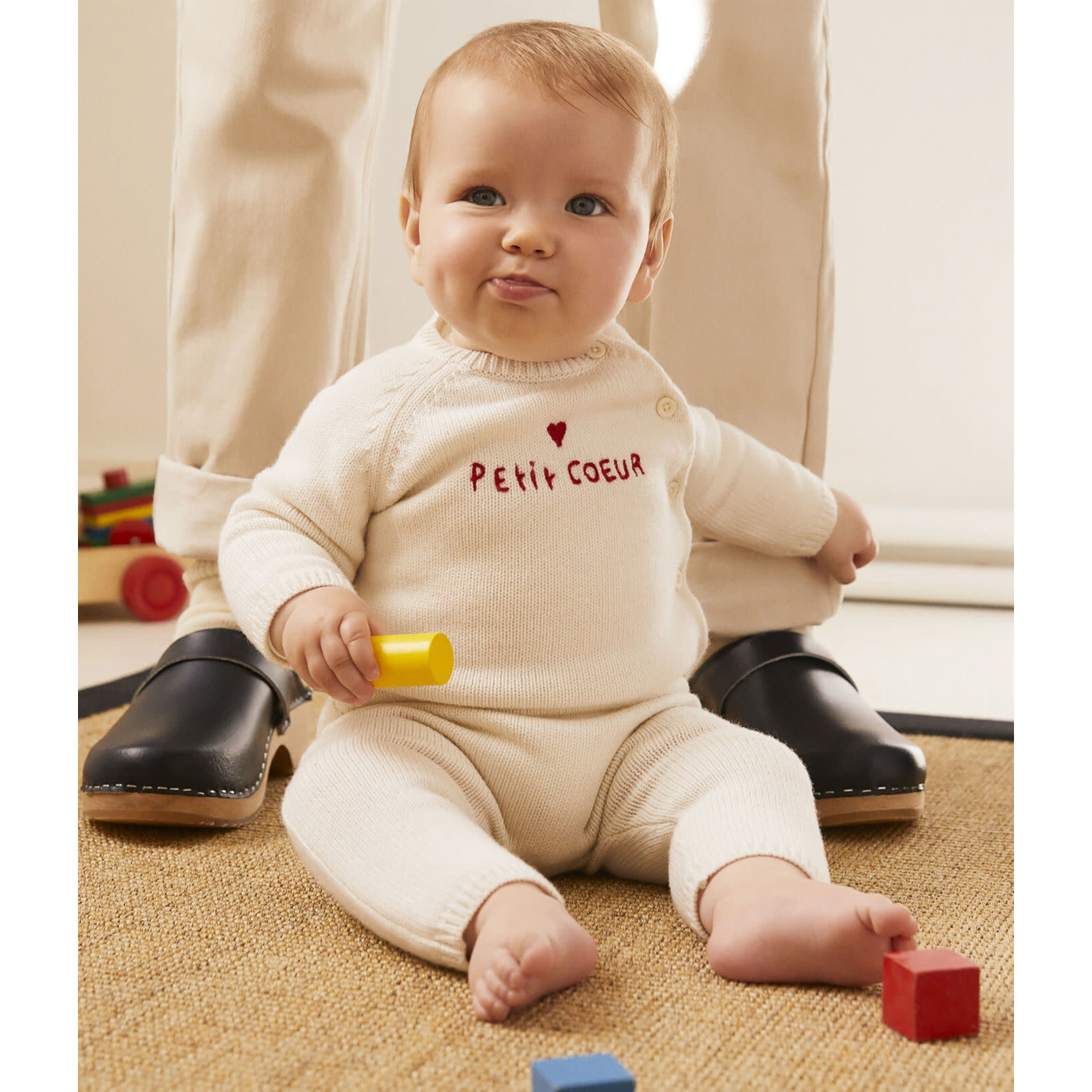 Petit Bateau Ensemble bebe tricot laine et coton petit coeur blanc marshmallow