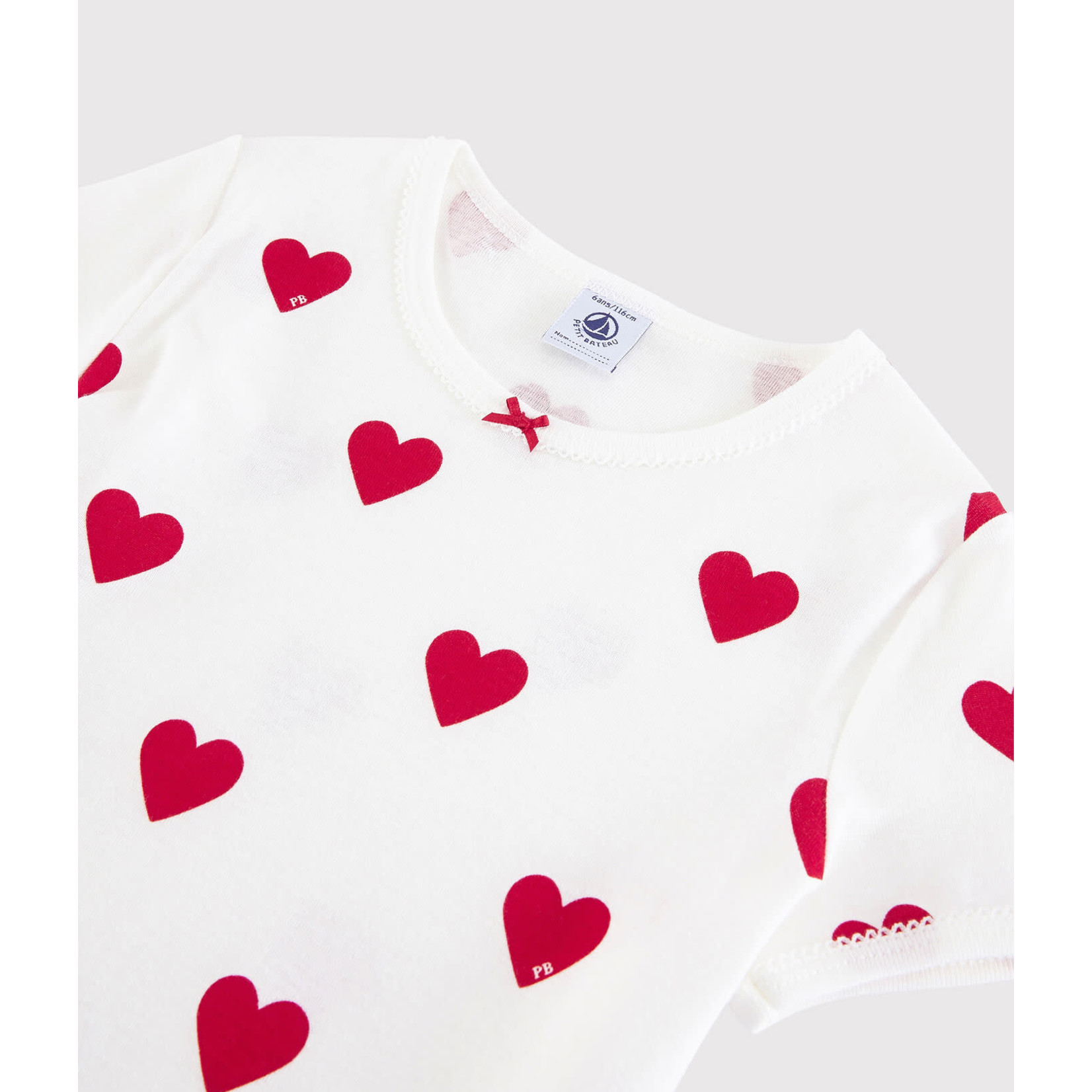 Petit Bateau Pyjacourt été coeur fille coton blanc marshmallow rouge terkuit