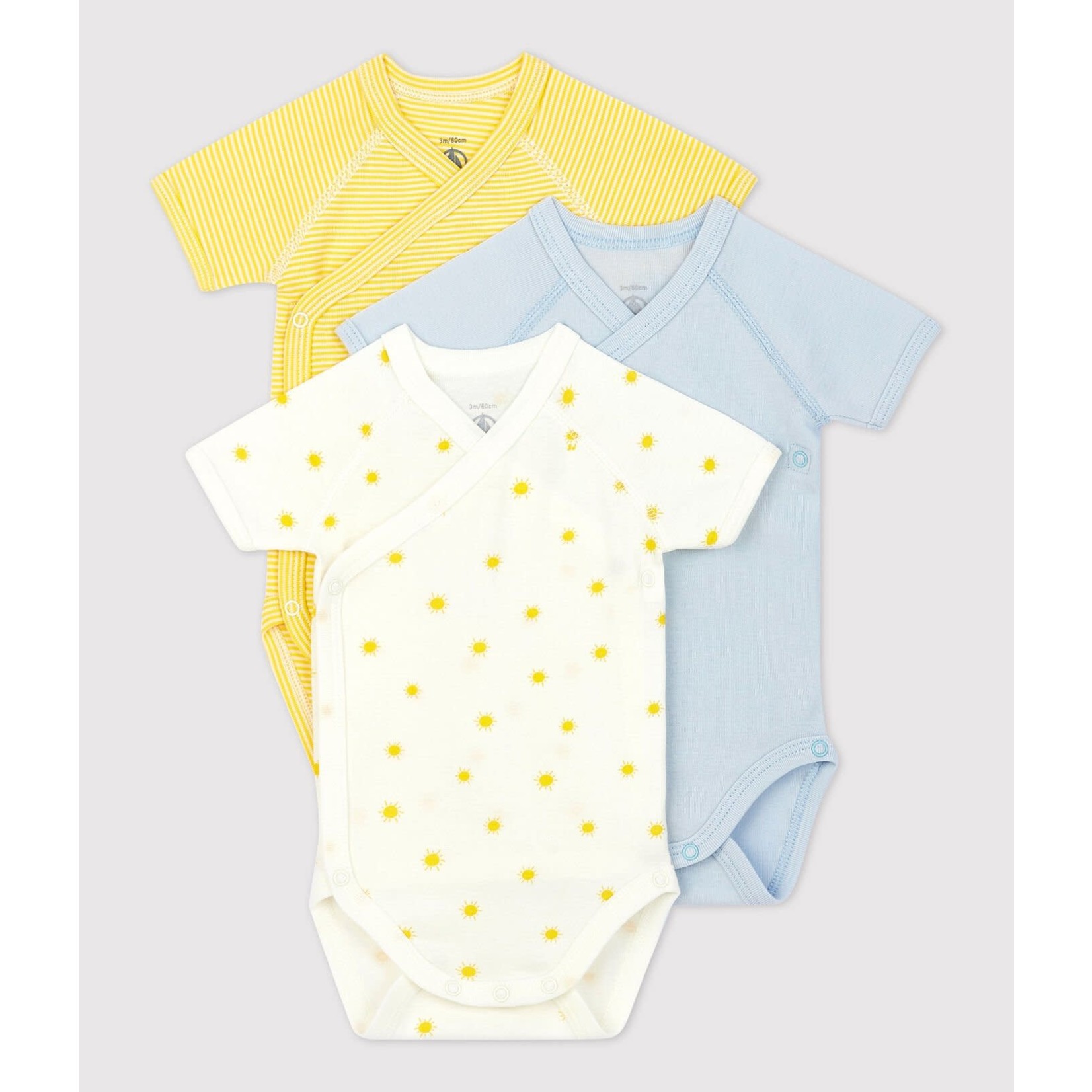 Petit Bateau Lot 3 Bodies Croisés Manches Courtes Coton Bio Soleil