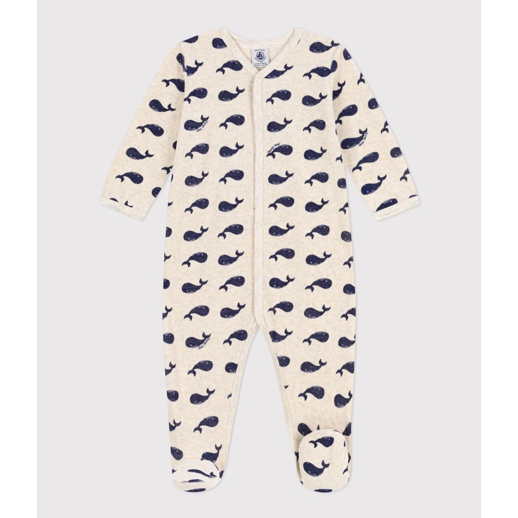 Petit Bateau Dors bien baleines marines en velours beige bleu