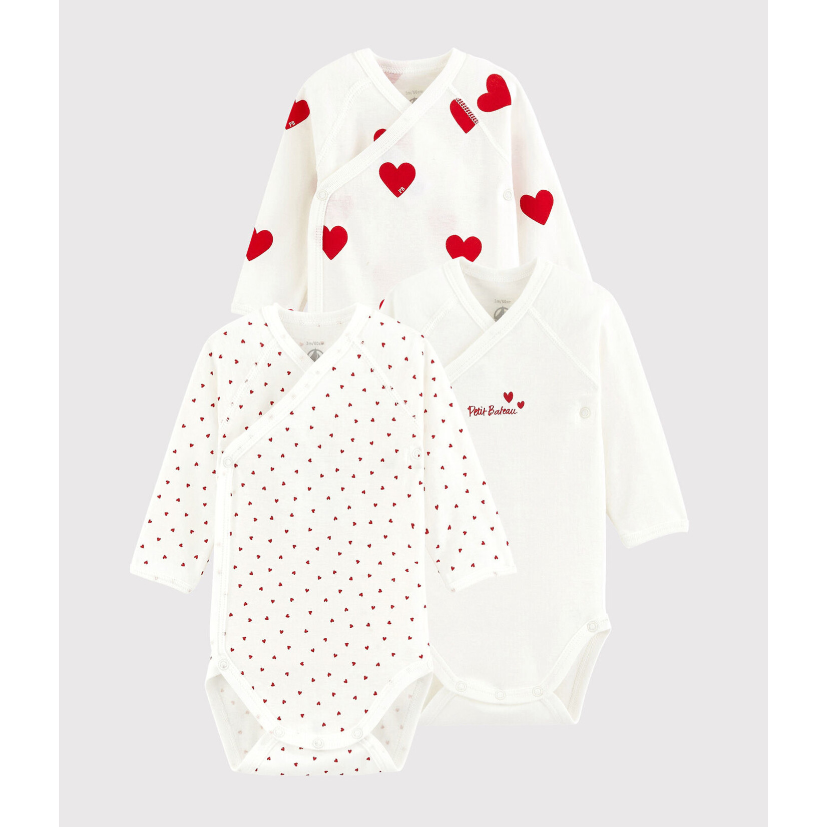 Petit Bateau Lot 3 Bodies Croisés Bébé ML Coton Bio Coeur Rouge Intemporel