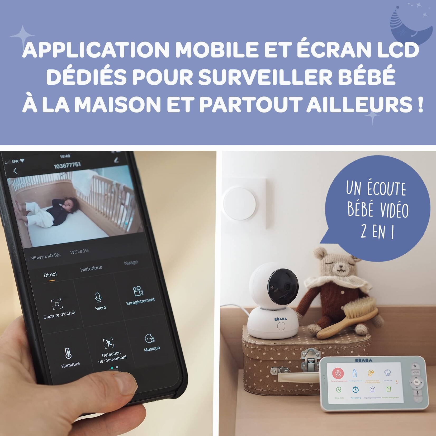 Babyphone vidéo zen premium beaba 2 en 1 : Écran + App Smartphone - Petit  Pois