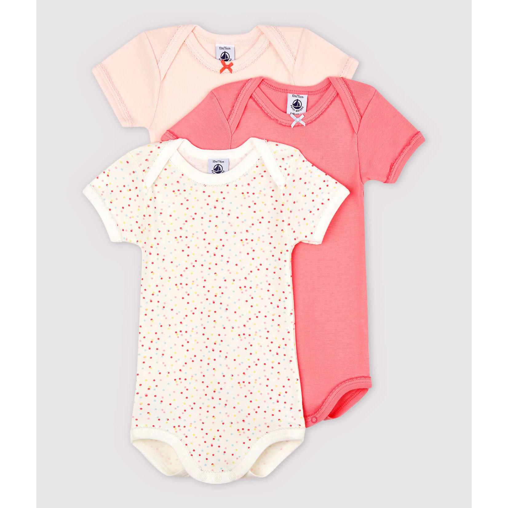 Petit Bateau Lot 3 Bodies US Manches Courtes Rose Bébé Fille Coton Bio