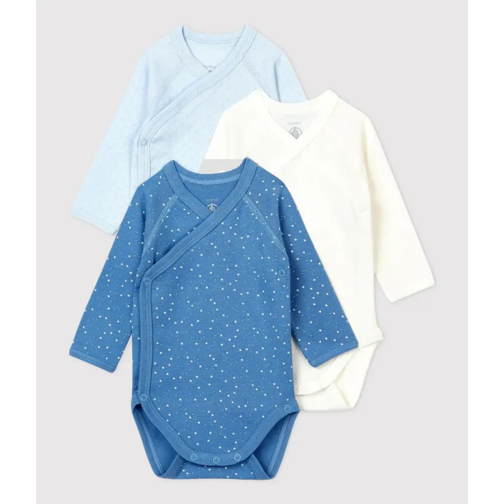 Petit Bateau Lot 3 bodies croises manches longues bebe coton bio naissance à 6 mois