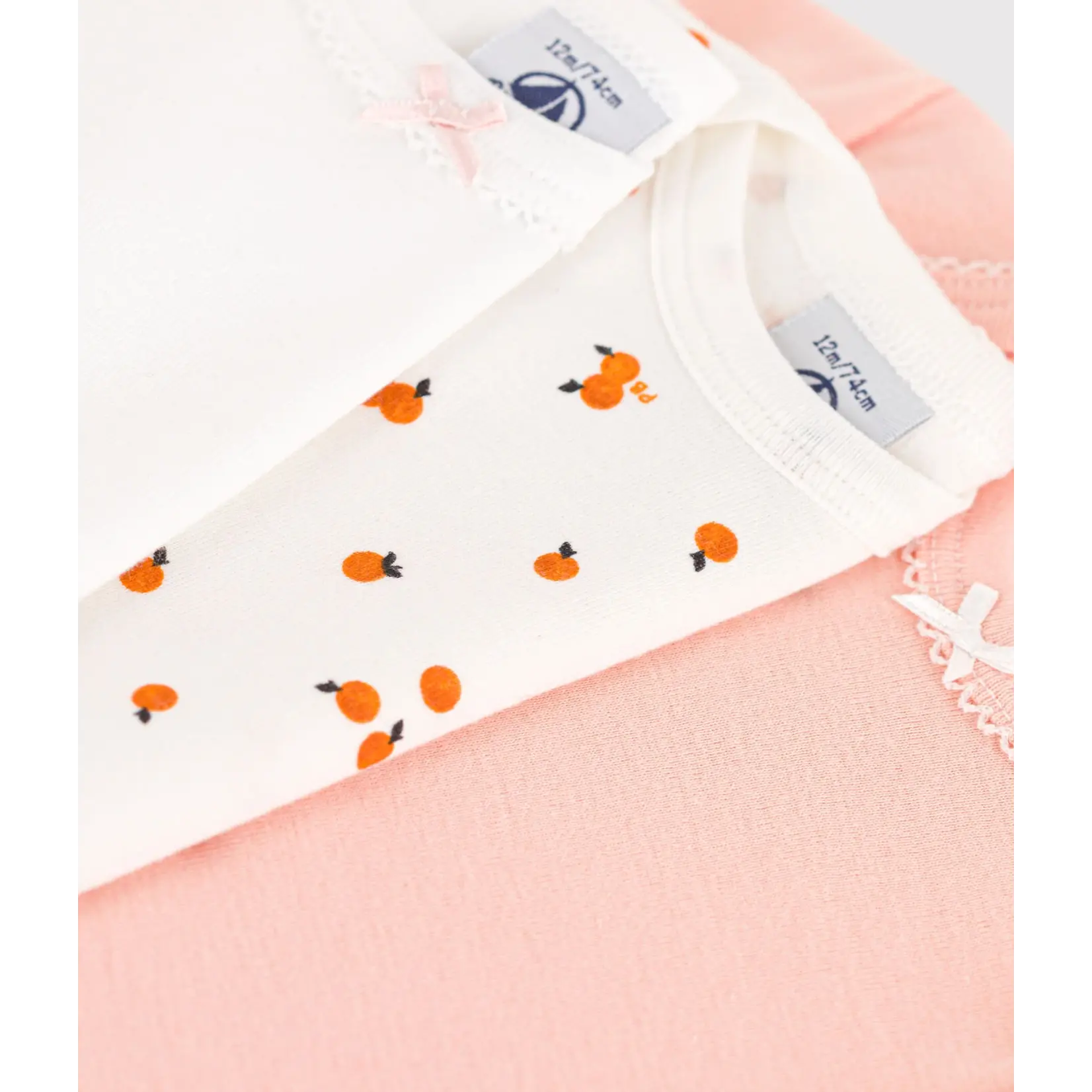 Petit Bateau Lot 3 Bodies US Manches Courtes Oranges Coton