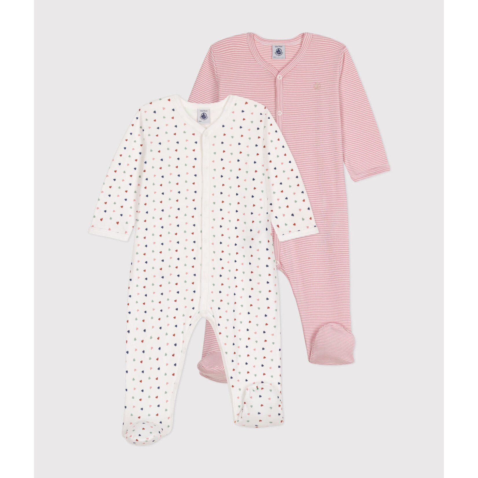 Petit Bateau Lot 2 Pyjamas Bébé Fille en Coton Coeurs Multico et Ligné Rose
