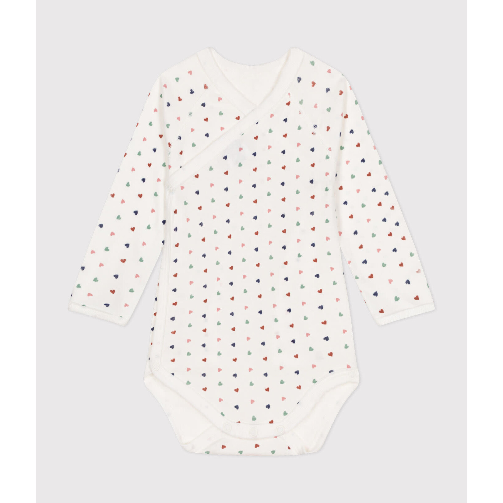 Petit Bateau Body Croisé Manches Longues Coton Bébé Ligné Blanc Coeurs Multico