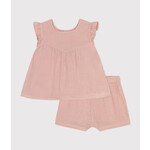 Petit Bateau Ensemble Blouse Short Bébé Gaze Coton Rose Saline