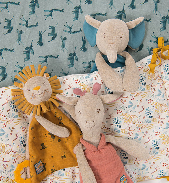 Collection Sous Mon Baobab de Moulin Roty doudou attache tetine