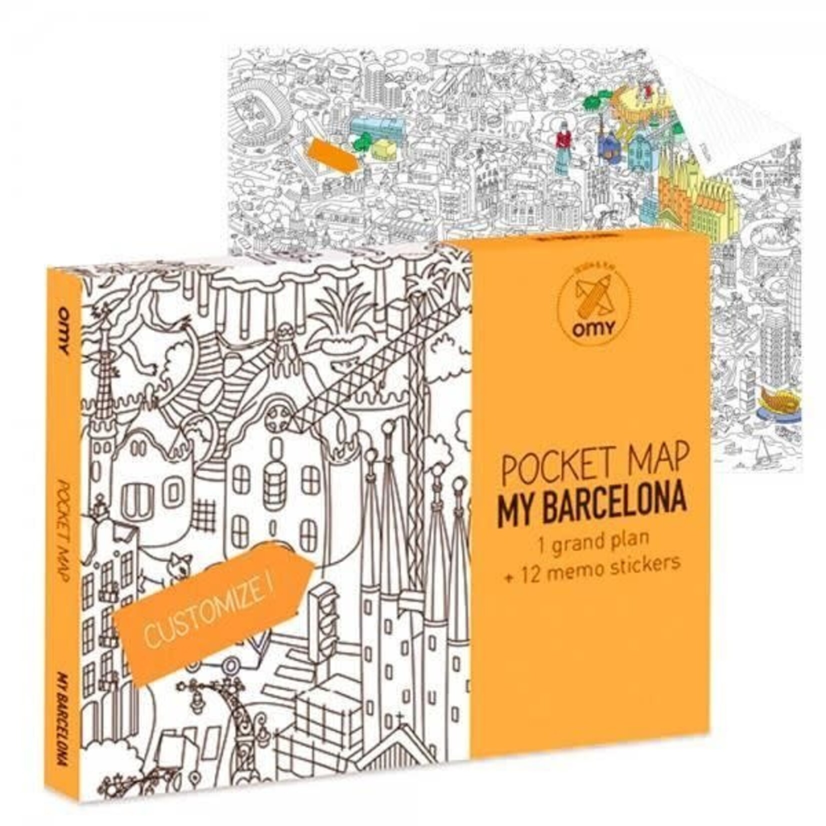 Omy Plan Barcelone à Colorier + 12 Memo Stickers Pocket Maps