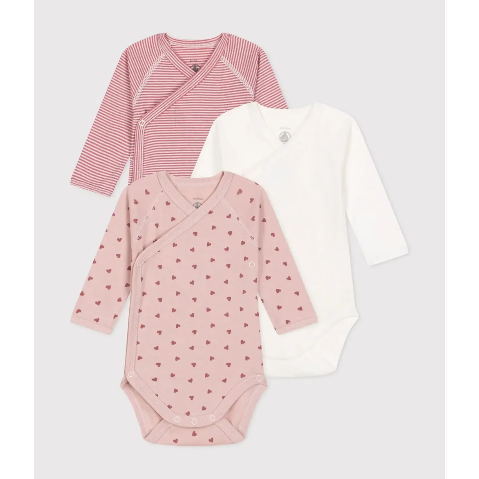 Petit Bateau Lot de 3 Bodies Croisés Filles Manches Longues En Coton Bio