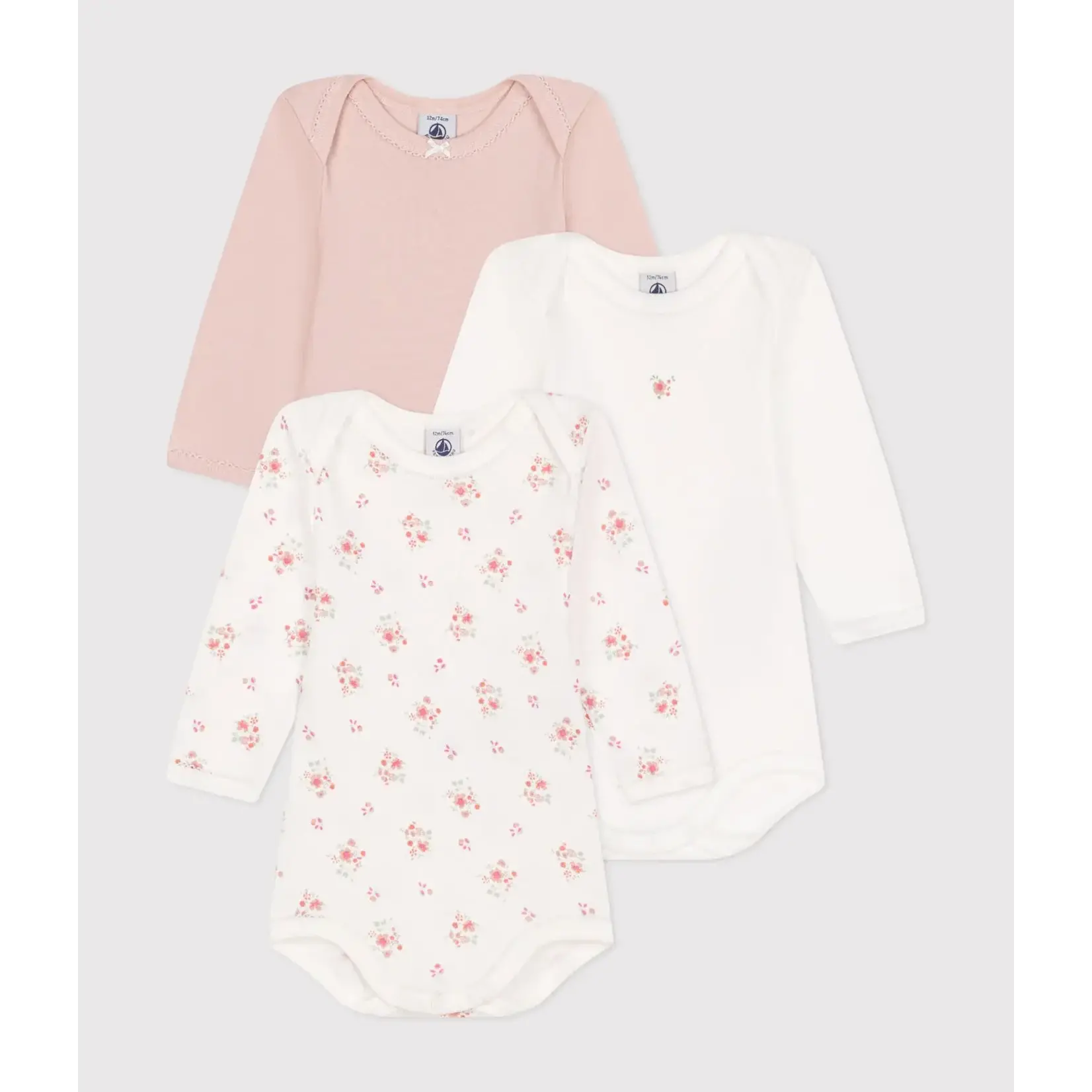 Petit Bateau Lot de 3 Bodies Fille Fleuris Manches Longues En Coton Bio