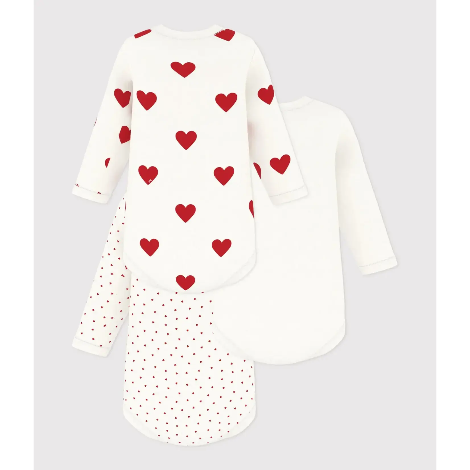 Petit Bateau Lot de 3 Bodies Coeurs Rouges Manches Longues En Coton Bio