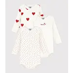 Petit Bateau Lot de 3 Bodies Coeurs Rouges Manches Longues En Coton Bio