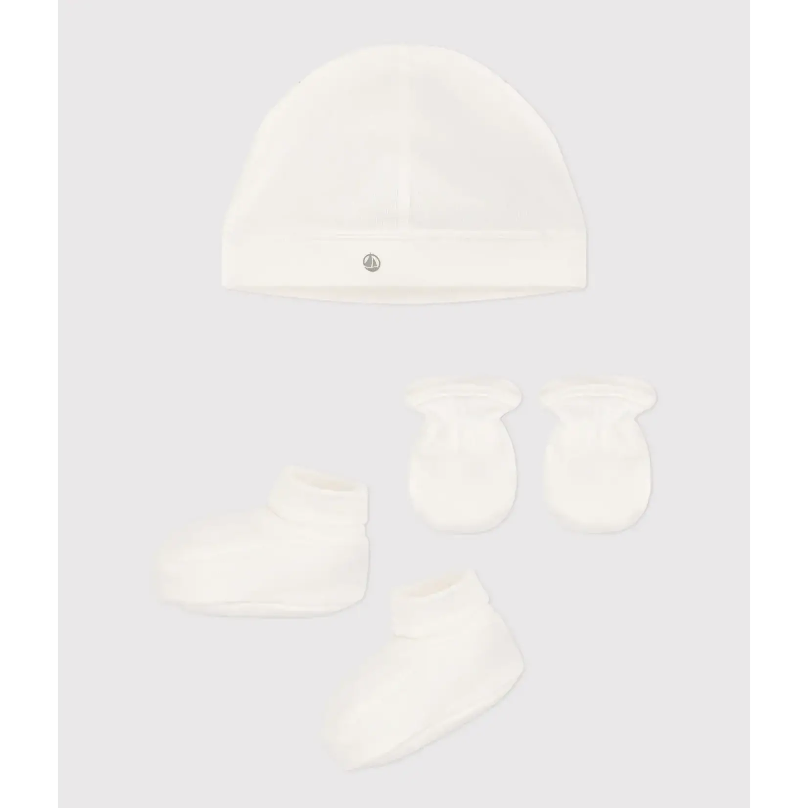 Petit Bateau Lot Bonnet Chaussons et Moufles Bébé Ivoire Coton Bio 1M