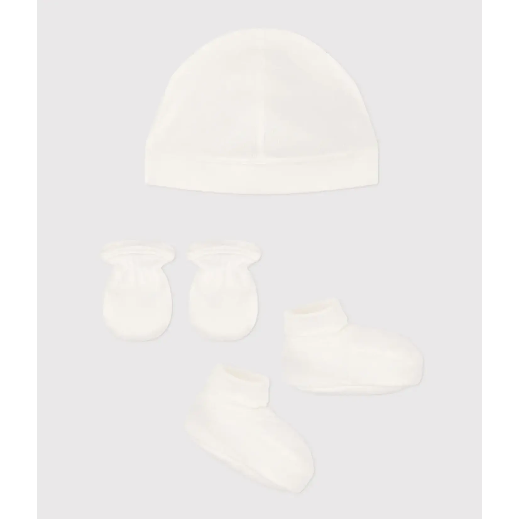 Petit Bateau Lot Bonnet Chaussons et Moufles Bébé Ivoire Coton Bio 1M