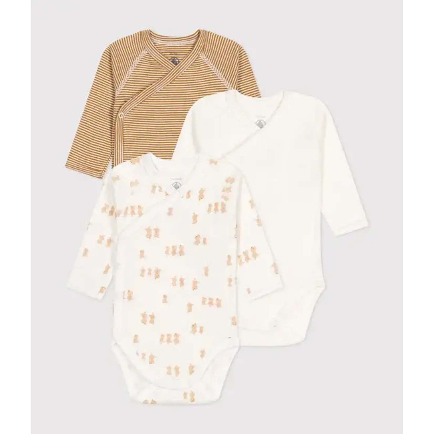 Petit Bateau Lot de 3 Bodies Croisés Bébé Manches Longues En Coton Bio Blanc  Moutarde