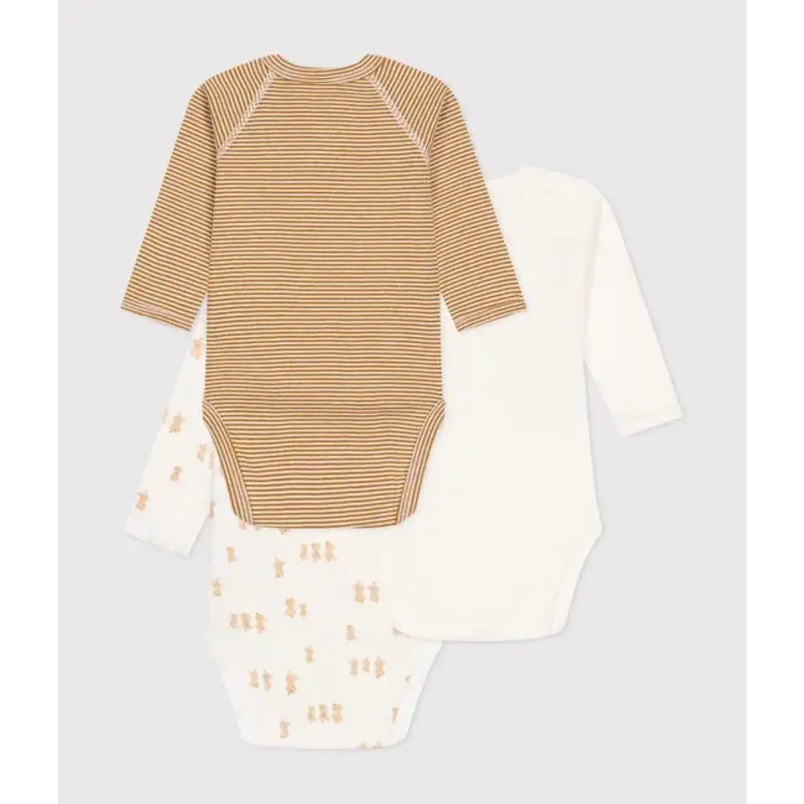 Petit Bateau Lot de 3 Bodies Croisés Bébé Manches Longues En Coton Bio Blanc  Moutarde