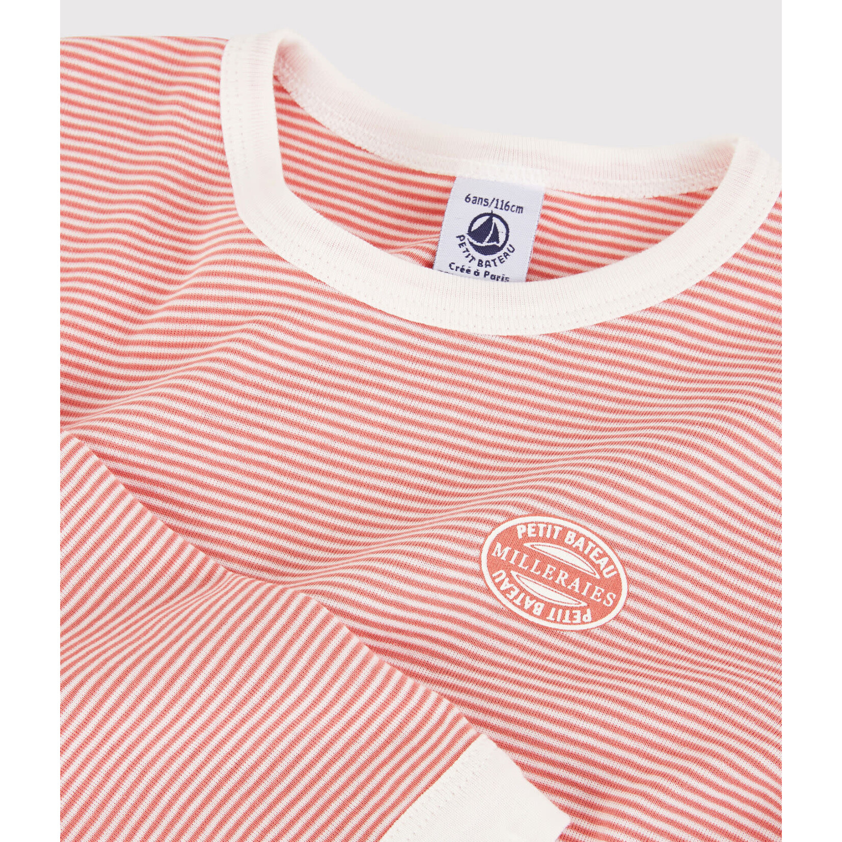 Petit Bateau Pyjama raye milleraies mixte coton bio rose papaye blanc