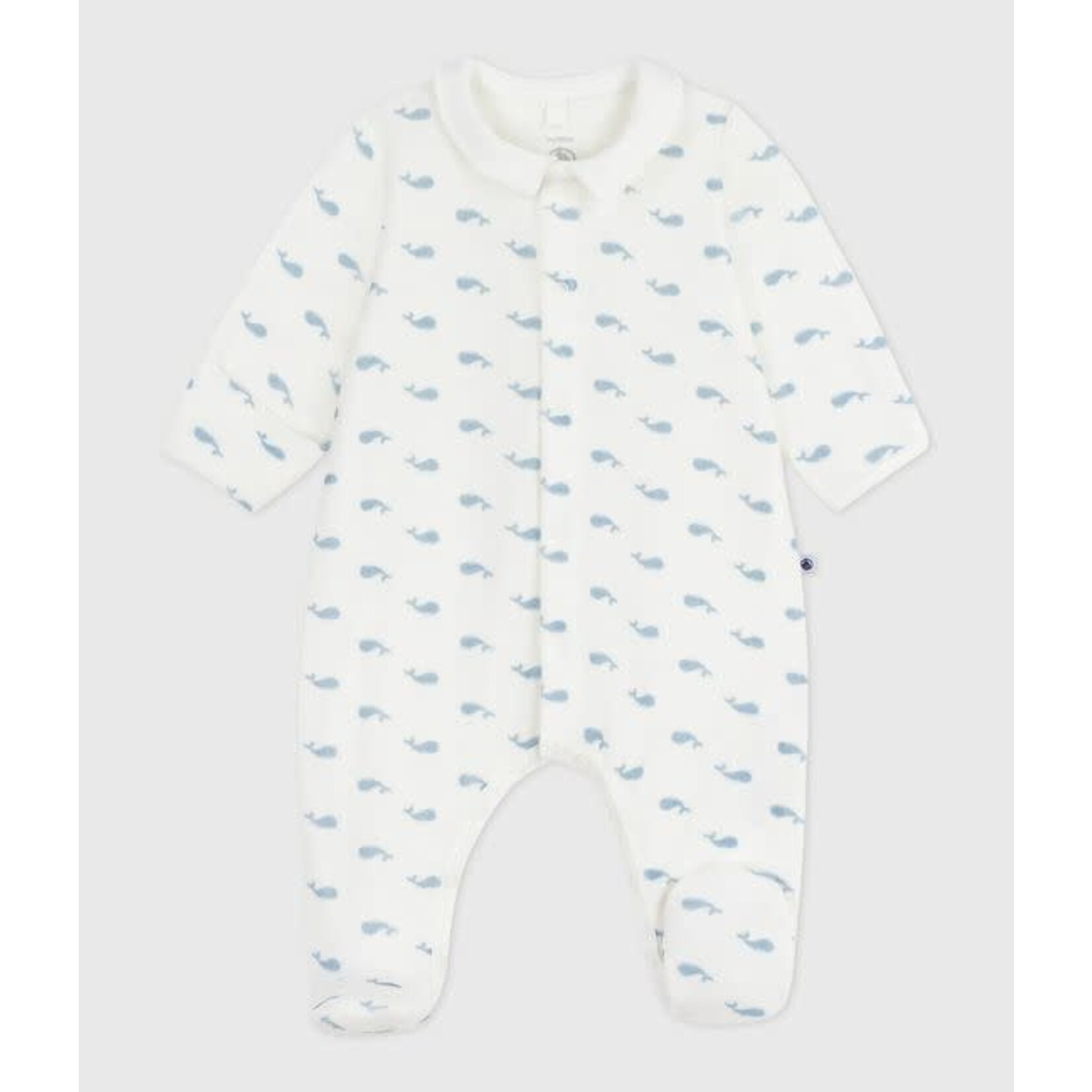 Petit Bateau Dors Bien Pyjama Bébé Velours Blanc Avec Col Imprimé Baleines