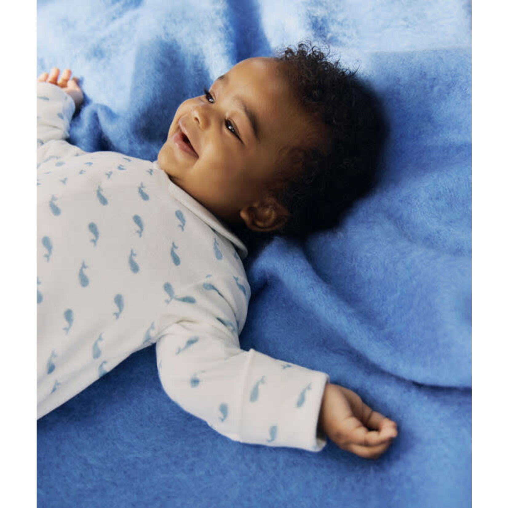 Petit Bateau Dors Bien Pyjama Bébé Velours Blanc Avec Col Imprimé Baleines