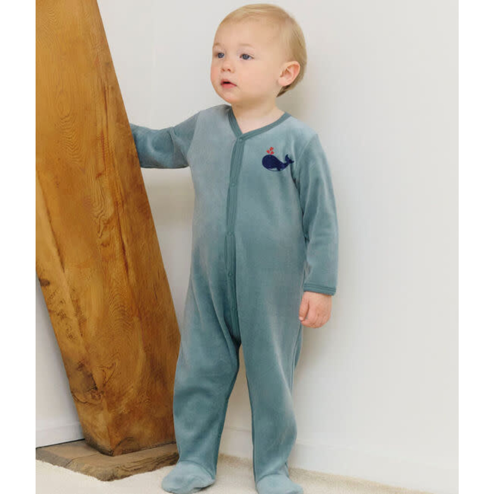 Petit Bateau Dors Bien Pyjama Bébé Velours Uni Vert Canard - Baleine