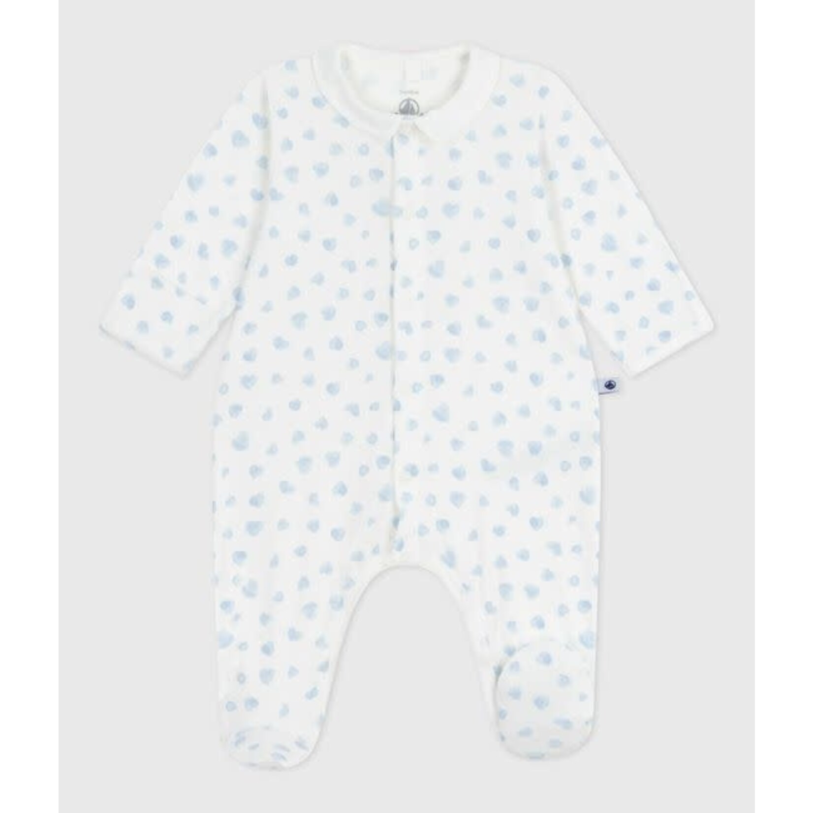 Petit Bateau Dors Bien Pyjama Bébé Velours Blanc Avec Col Imprimé Coeurs Bleus