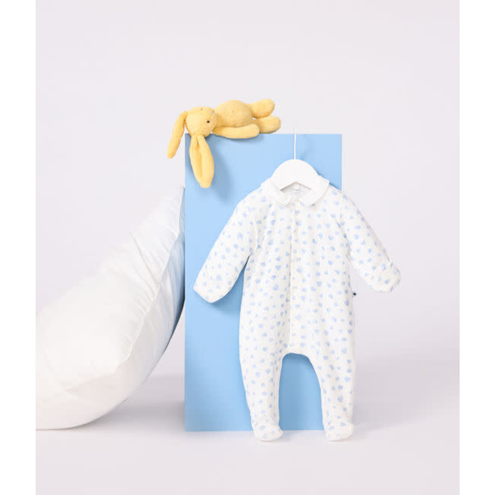 Petit Bateau Dors Bien Pyjama Bébé Velours Blanc Avec Col Imprimé Coeurs Bleus