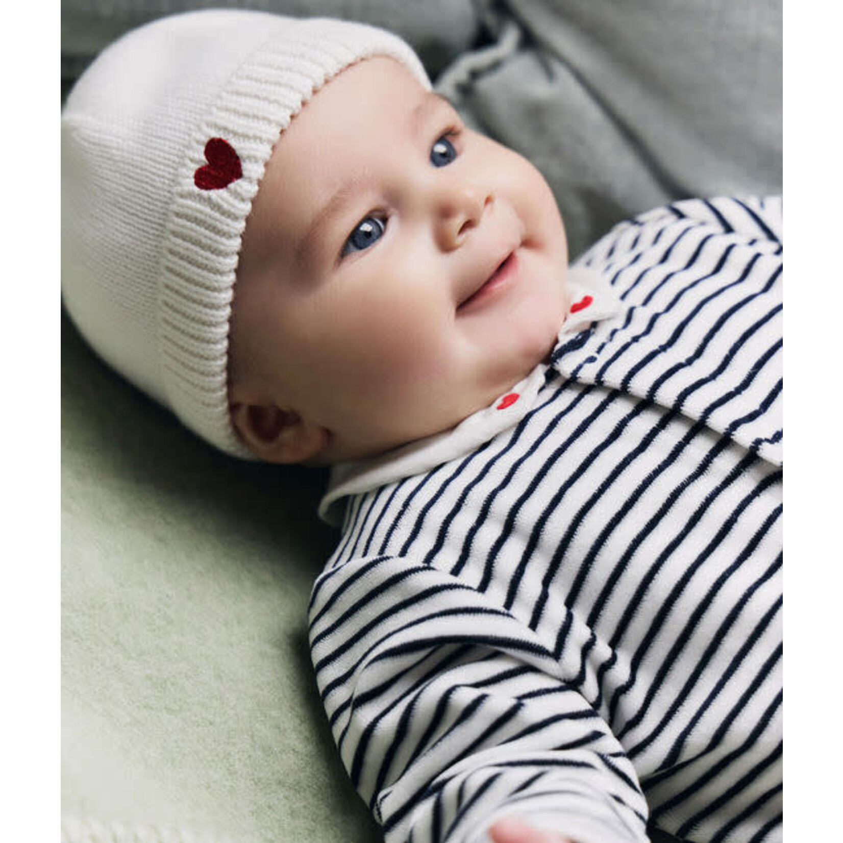 Petit Bateau Bonnet Naissance Bébé Tricoté Coton Bio Blanc Coeur Rouge