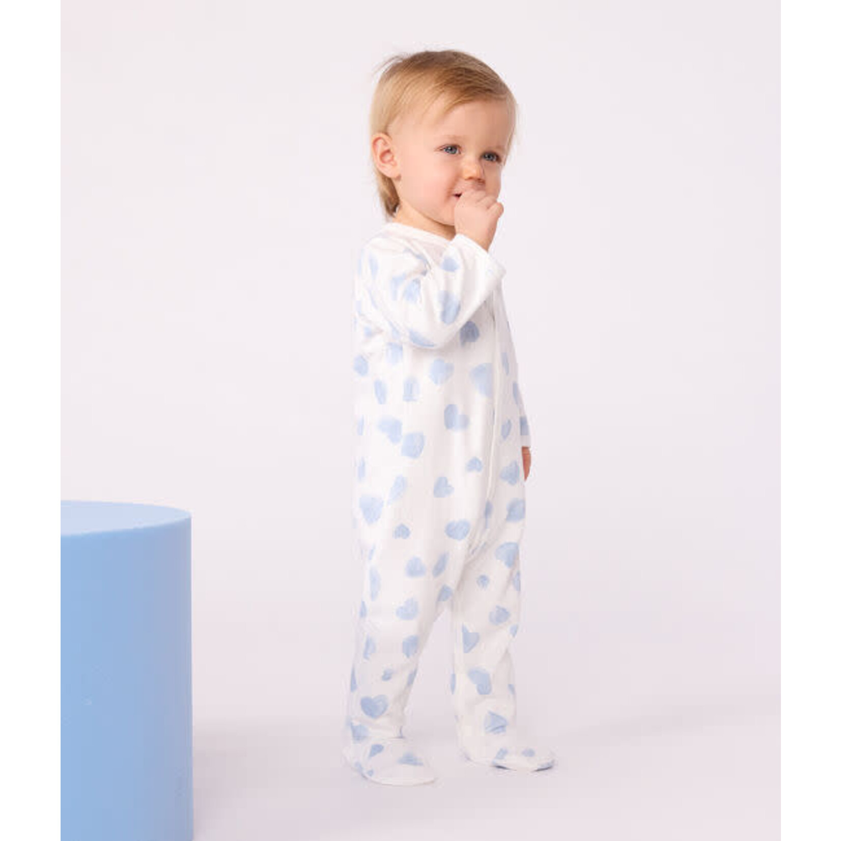 Petit Bateau Dors Bien Pyjama Bébé Blanc Imprimé Coeurs Bleus Molleton