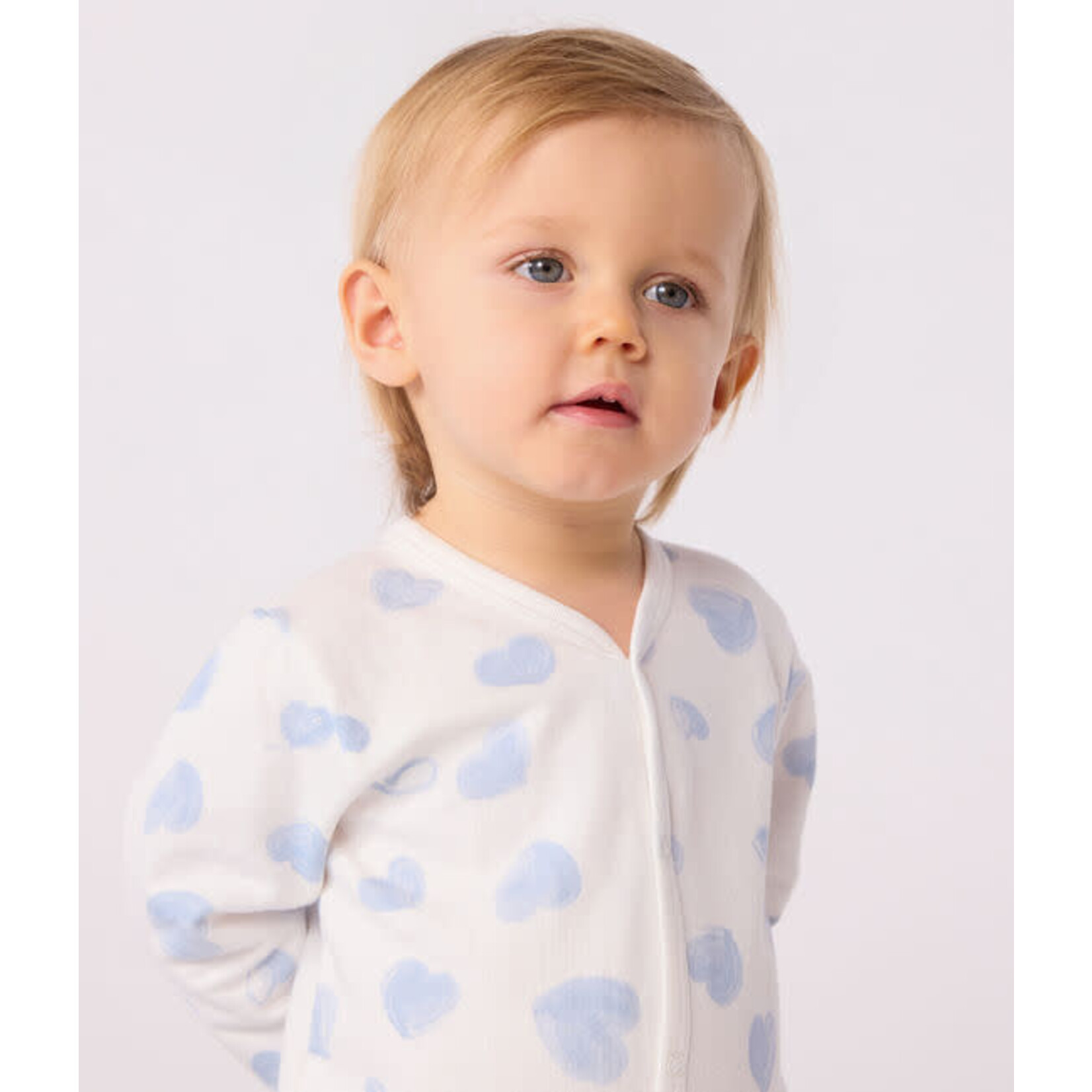 Petit Bateau Dors Bien Pyjama Bébé Blanc Imprimé Coeurs Bleus Molleton