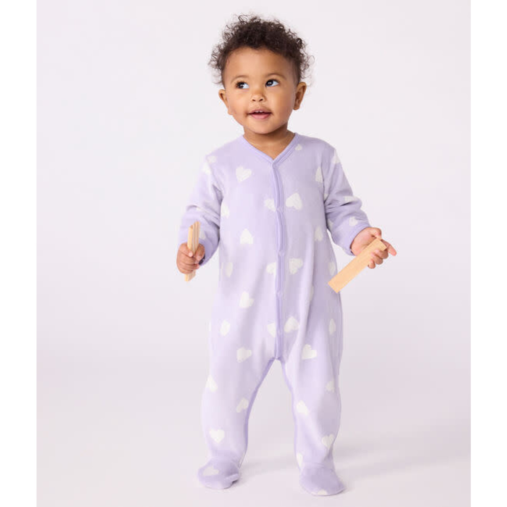 Petit Bateau Dors Bien Pyjama Bébé Velours Mauve Imprimé Coeurs Blancs