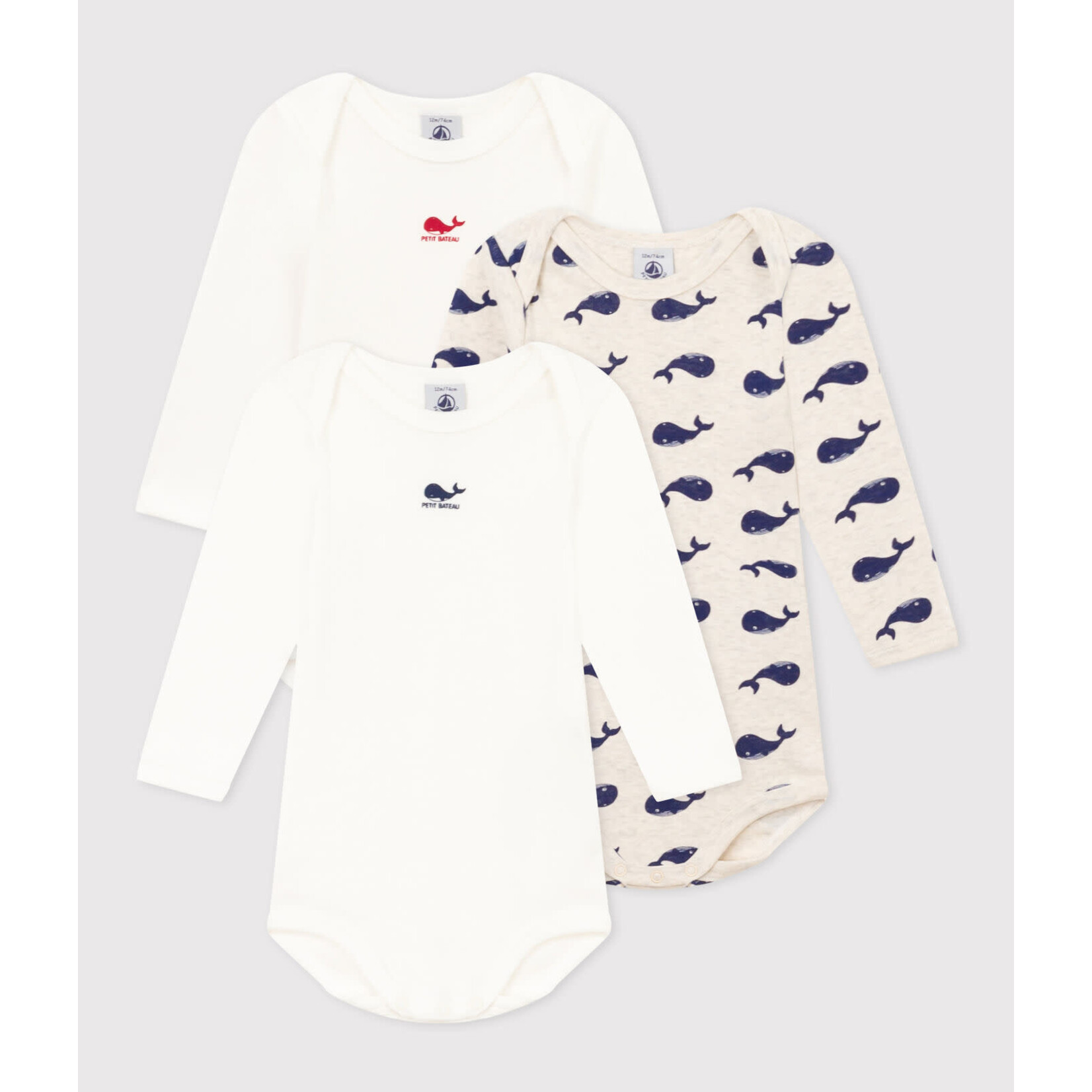 Petit Bateau Lot 3 bodies manches longues mixte baleines