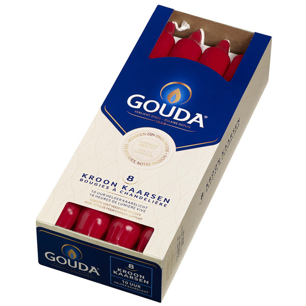 Gouda Kroonkaarsen robijnrood 8 stuks 24x2,4cm Gouda