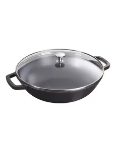 Staub Wok gietijzer 30cm 4,4L met glasdeksel zwart